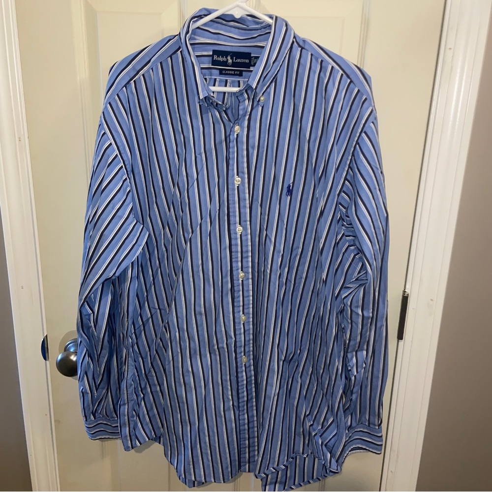 Ralph Lauren Blue Label mens button down shirt Blue Striped 17.5 XL Classic Fit.